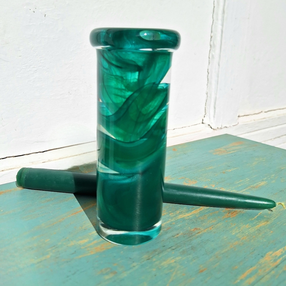 Hand Blown Art Glass Candle Stick Holder Teal Taper Candle artist made in Sweden